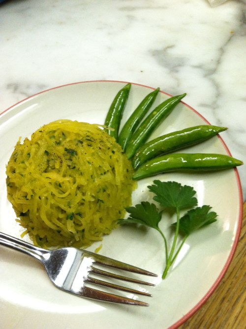 Spaghetti squash with parsley, olive oil, snow peas, garlic, salt, pepper